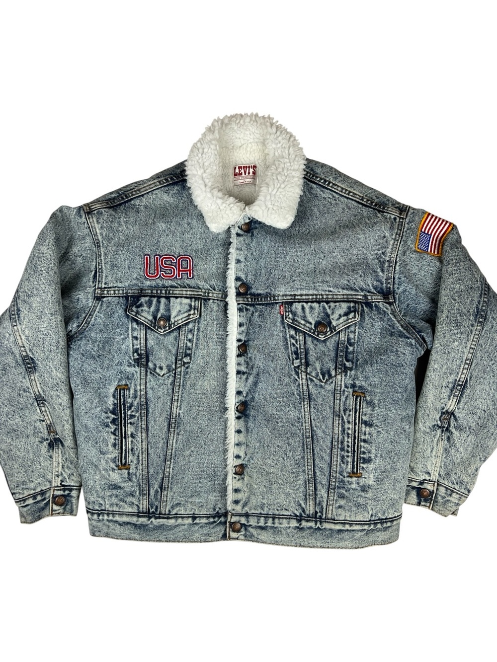 Vintage 80s Levi's San Francisco Acid Wash Sherpa Line Trucker Jacket USA Flag L